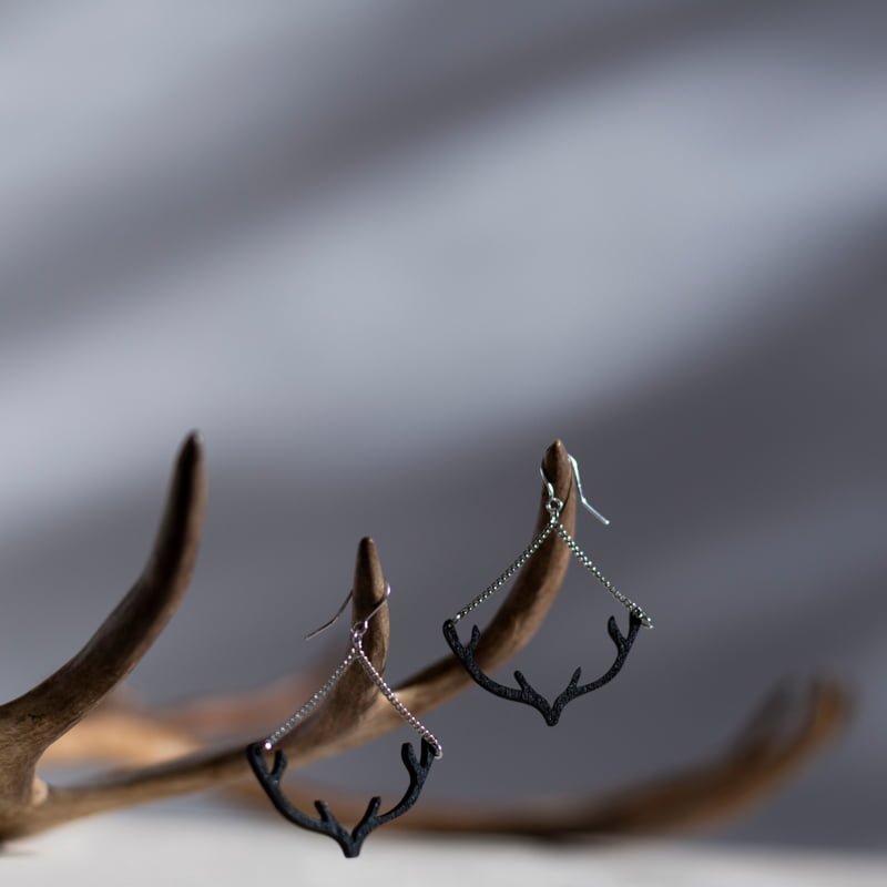Two wooden antler earrings hanging on reindeer antler.