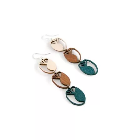 Two pairs of wooden tulip shape earrings in wood, brown and petrol blue colour