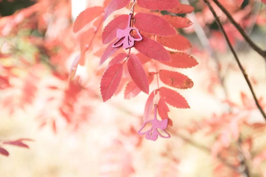 Vaaleanpunaiset puukorvakorut punaisten pihlajan lehtien keskellä