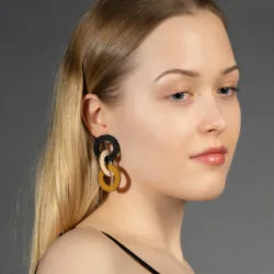 Portrait of a woman wearing wooden chain earrings