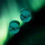 Wooden Valona Northern Lights earrings against the night sky